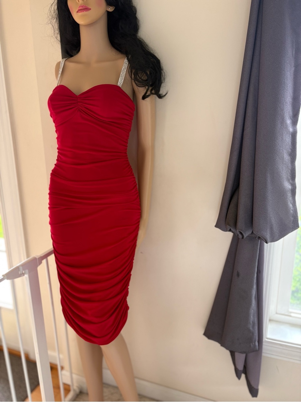 Red Ruched Bodycon Dress with Rhinestone Straps Size XS MODA International